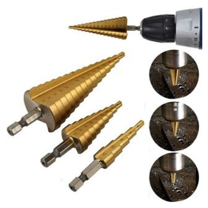 Kit 3 Brocas Cônica Escalonadas Jogo 4-32mm Titânio