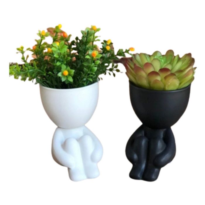 Vaso Pequeno Para Suculentas Em Formato Humano Sentado Preto e Branco