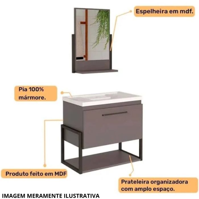 Gabinete Metalo Cimento Com Pia Em Mármore Sintético Com Espelheira - Imagem 7